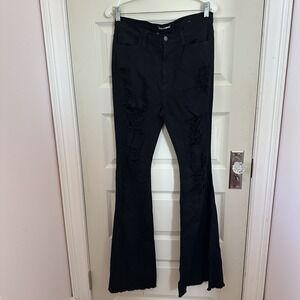 Fashion Nova‎ Womens High Waist Distressed Bell Bottom Flare Jeans Size 15 Black